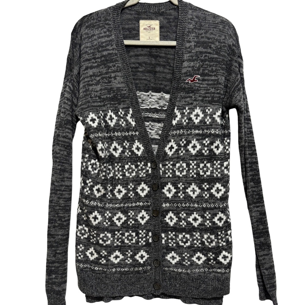 Hollister Women's Cardigan Gray Fair Isle Button Front SZ L Long Academia y2k